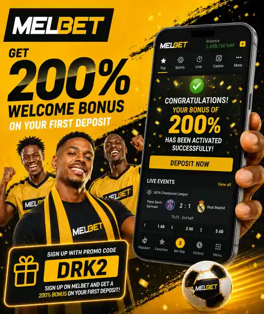 MelBet 200% welcome bonus with promo code DRK2