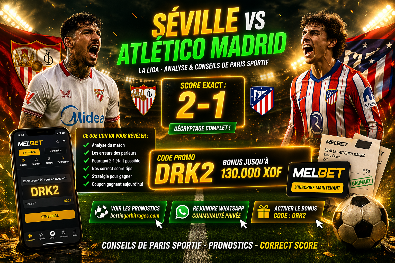 Séville 2-1 Atlético Madrid : Analyse, pronostic score exact et coupon gagnant aujourd'hui