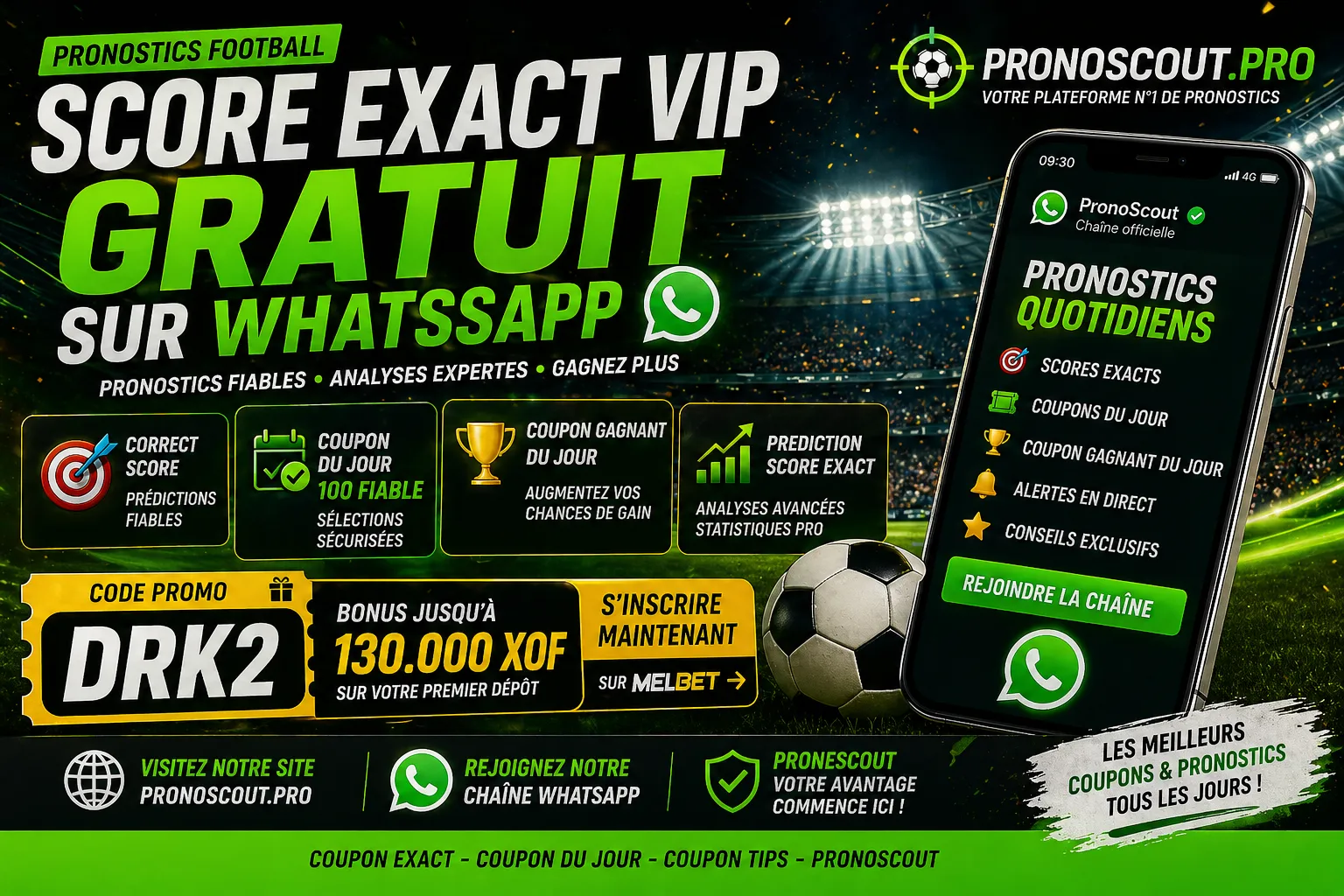 Score Exact VIP Gratuit WhatsApp | Correct Score & Coupon du Jour Fiable | PronoScout